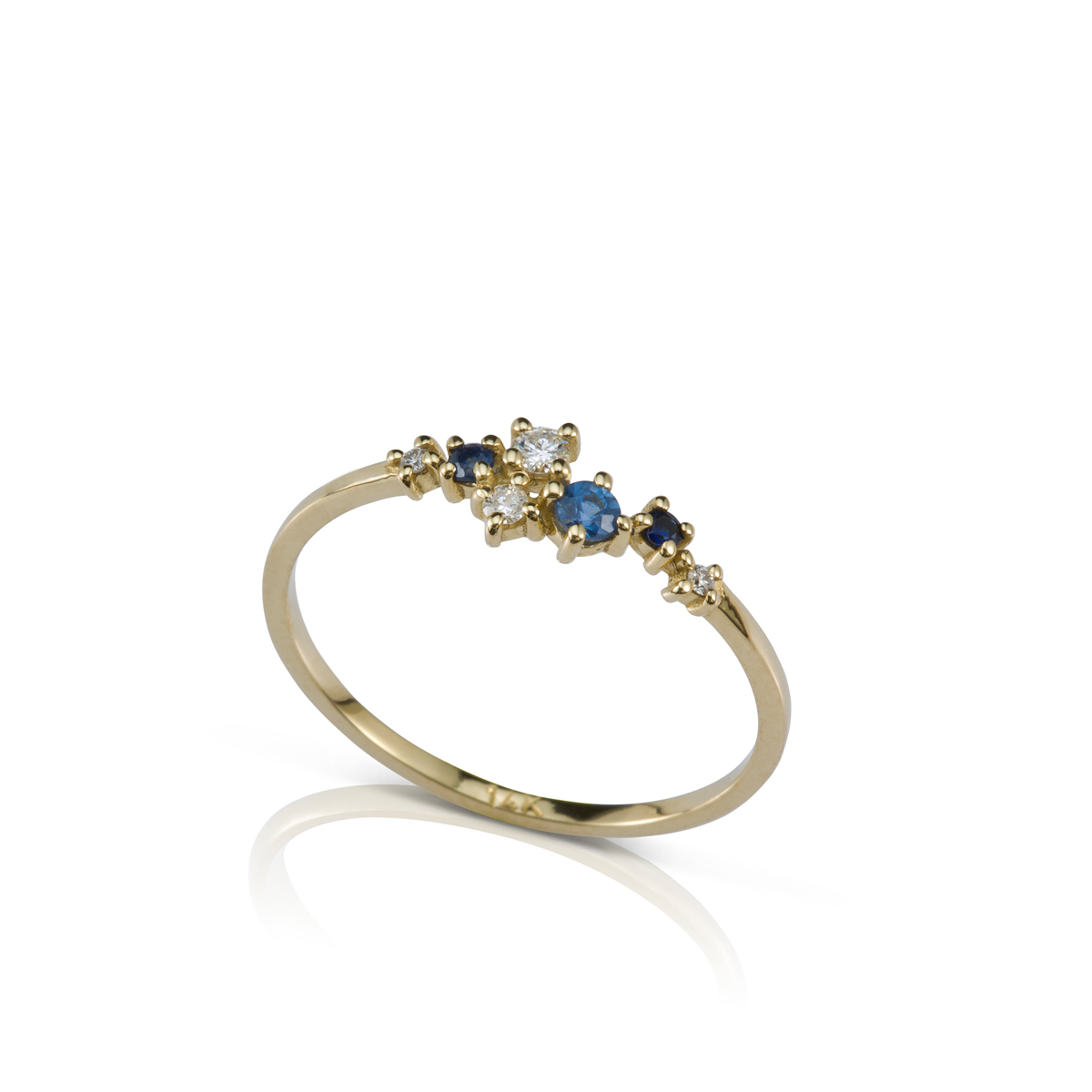 Asymmetric and modern design sapphire and diamonds ring