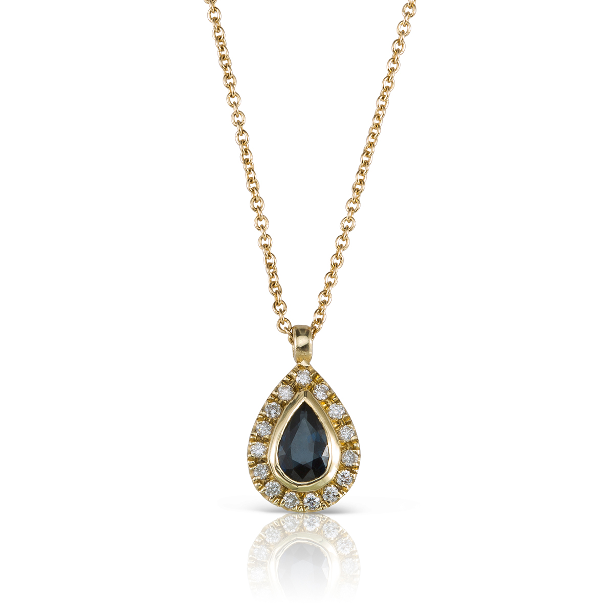 Pear shaped sapphir and diamonds gold necklace