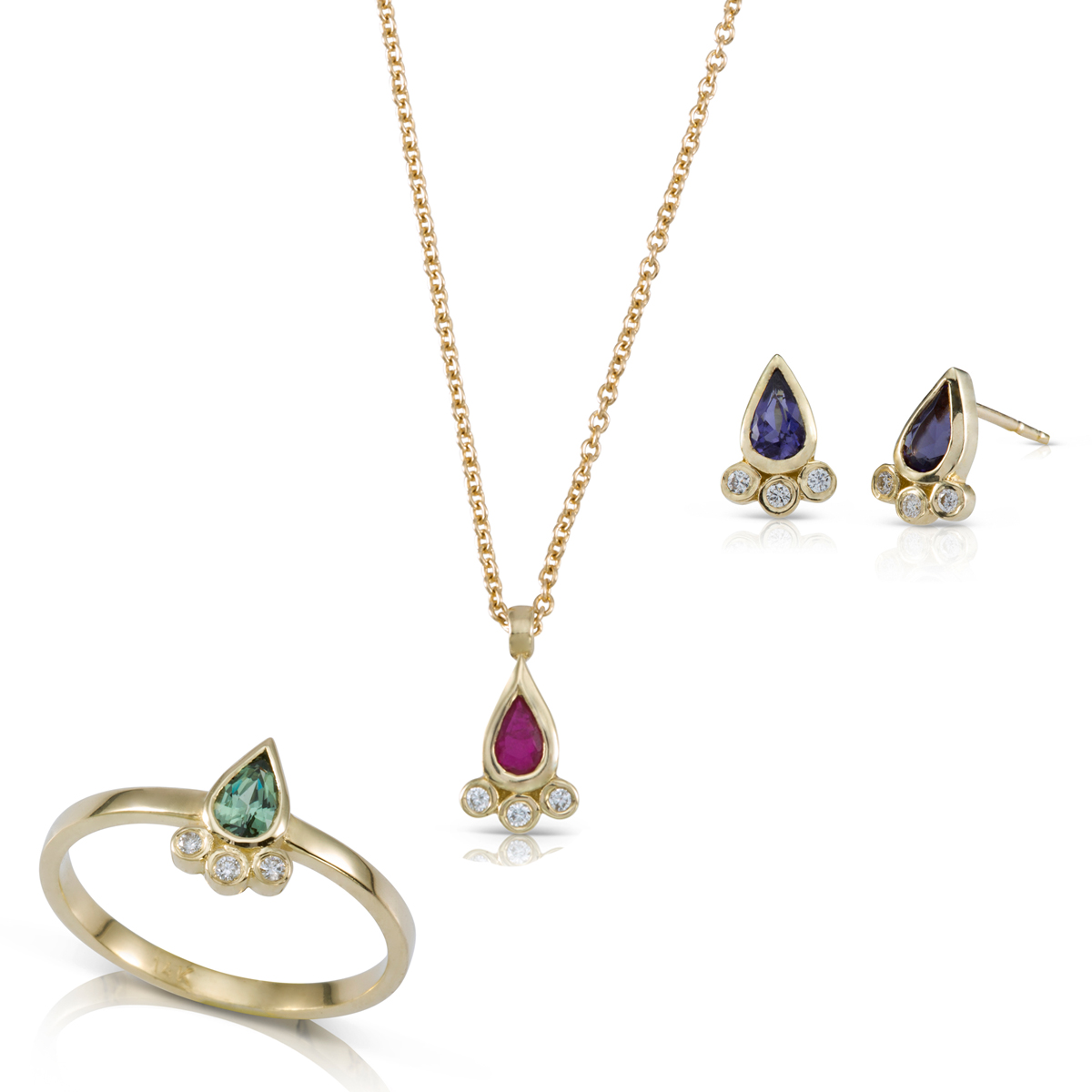 Colored gemstone and diamonds gold jewelry set