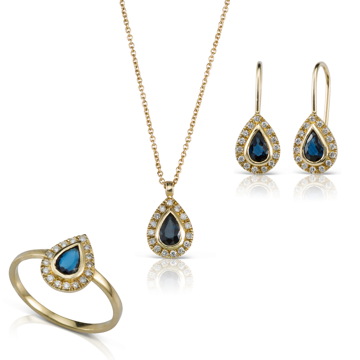 Classic sapphire and diamond set of gold jewelry