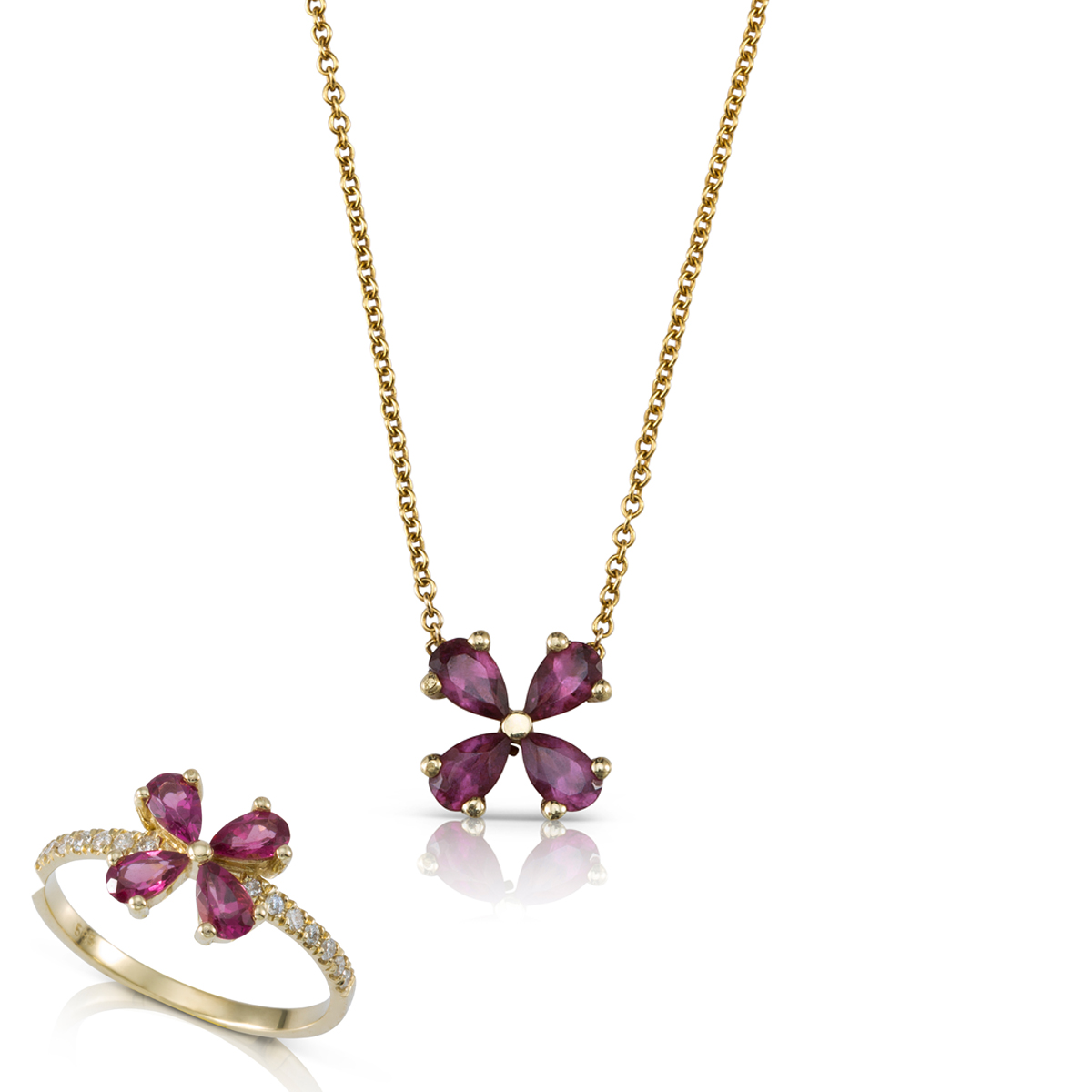 Rhodolite flower necklace and ring set