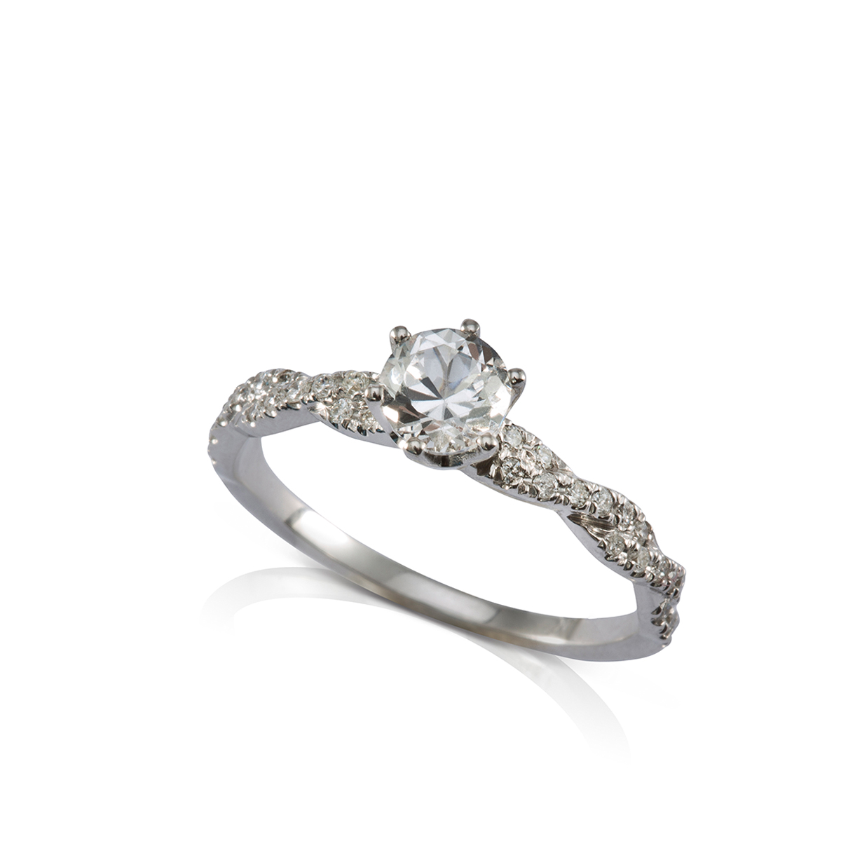 A braided solitaire ring set with diamonds