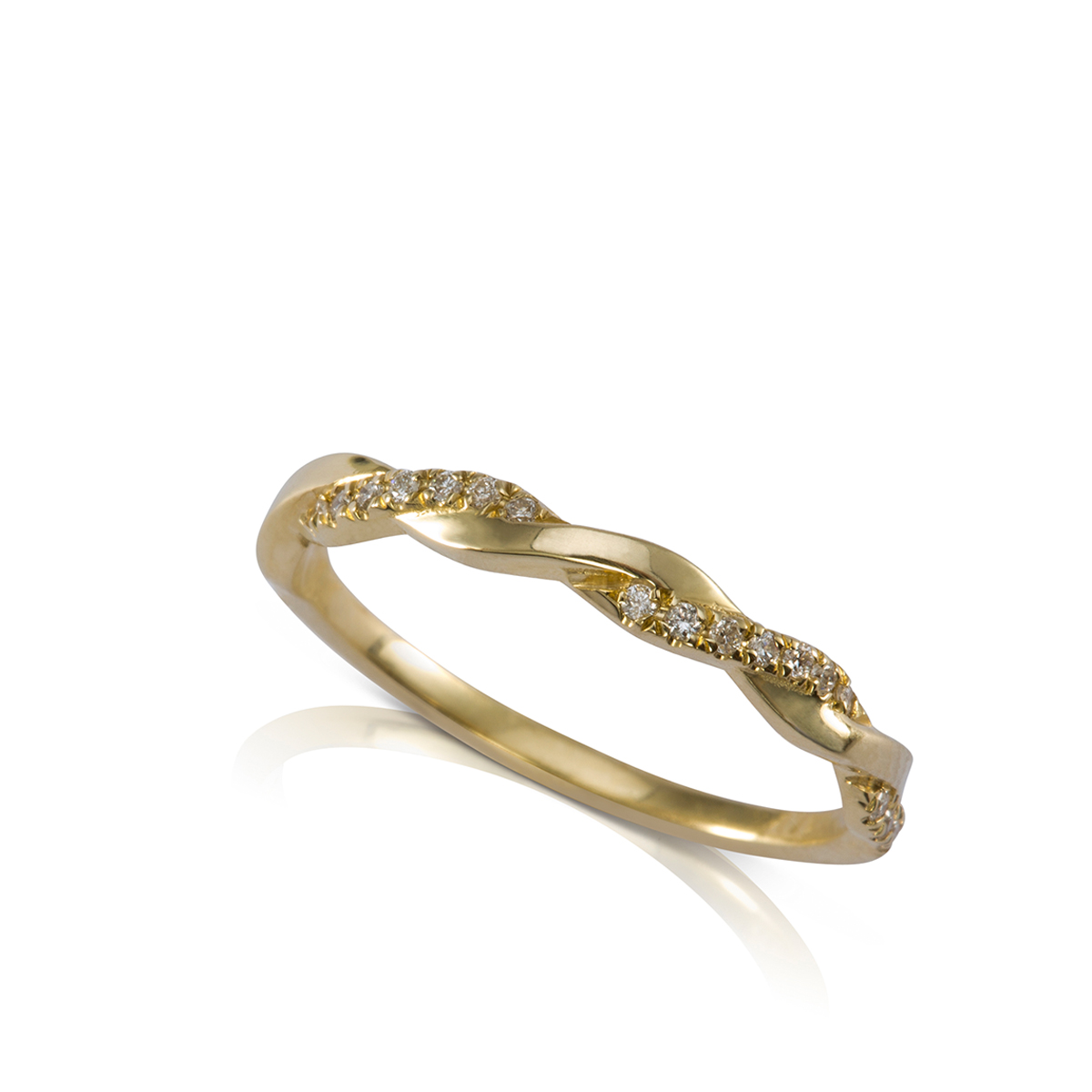 A braided ring set at intervals with diamonds.