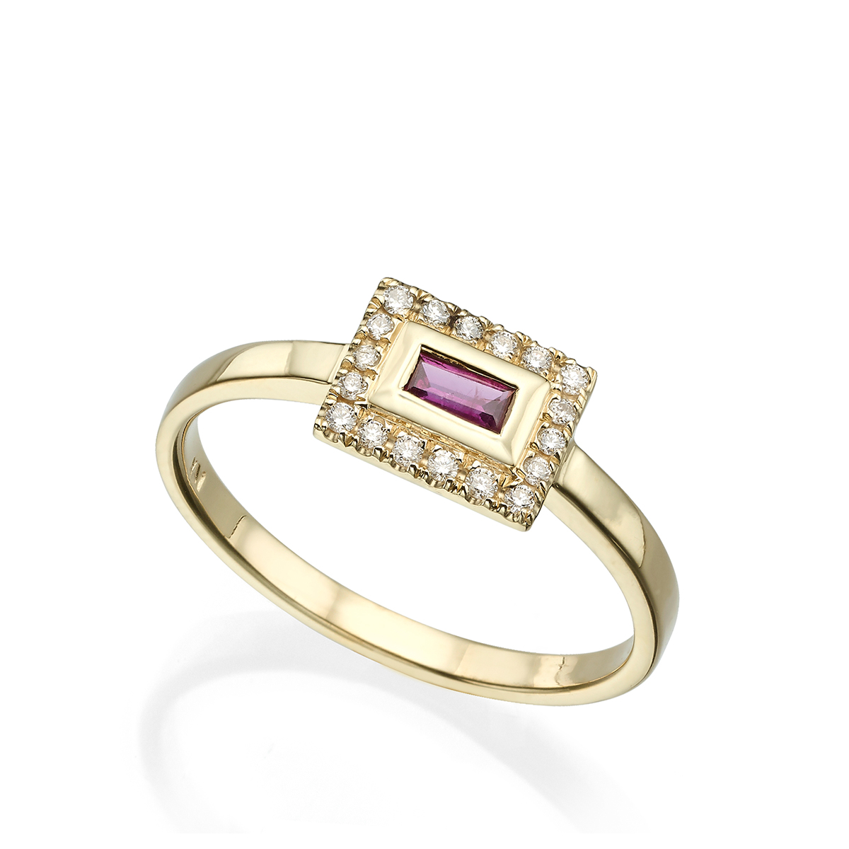 Baguette halo diamond and ruby ring