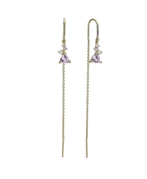 Chain Gold earrings  set with a trillion cut Morganite and small diamonds