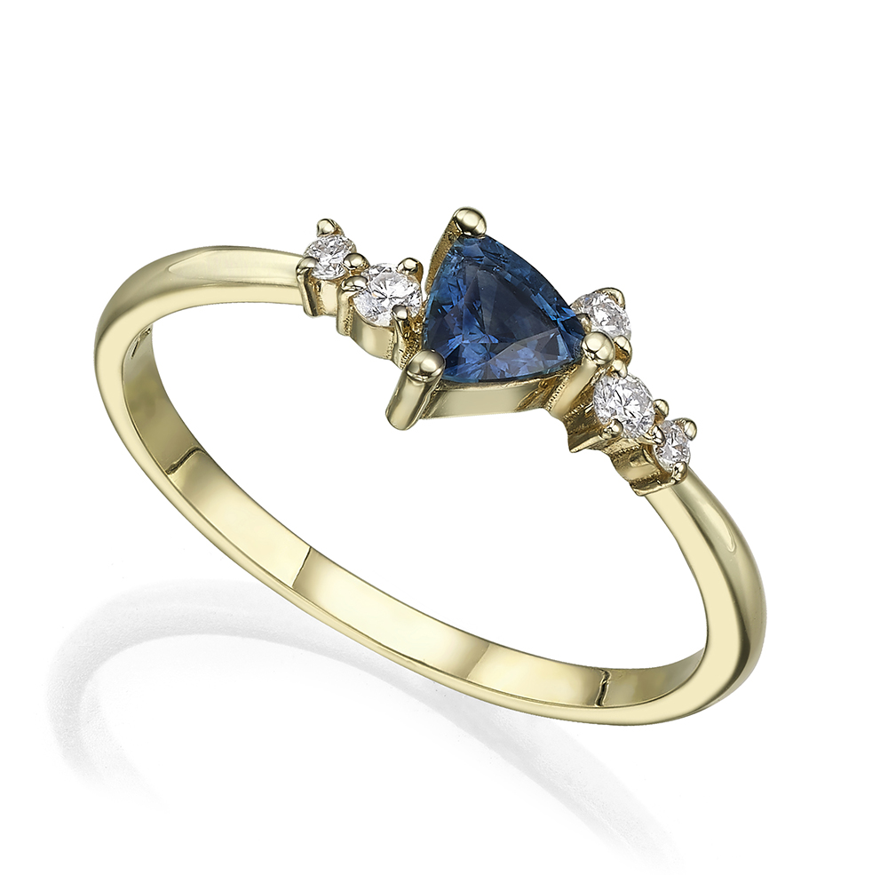 Trillion cut sapphire and diamonds asymmetrical engagement ring