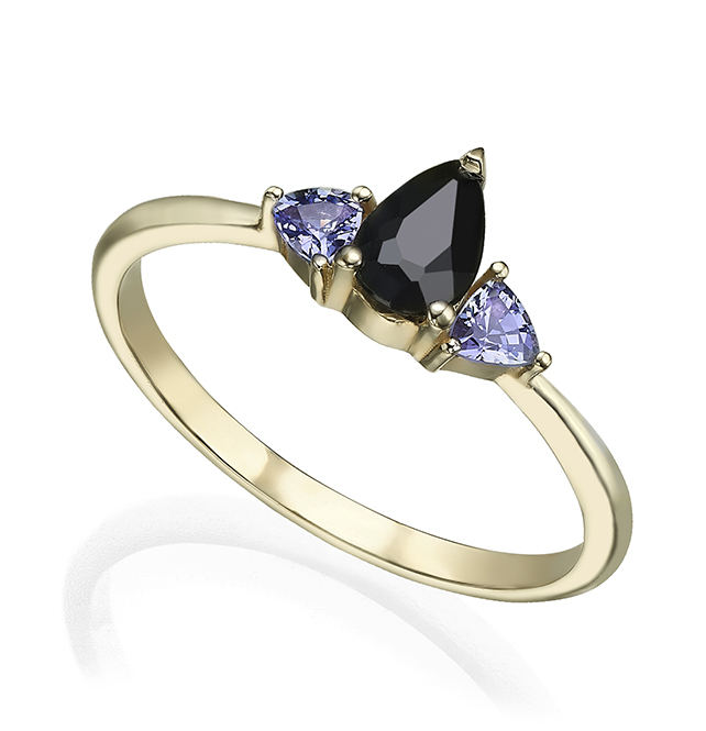 Black diamond teardrop with purple tanzanite engagement ring