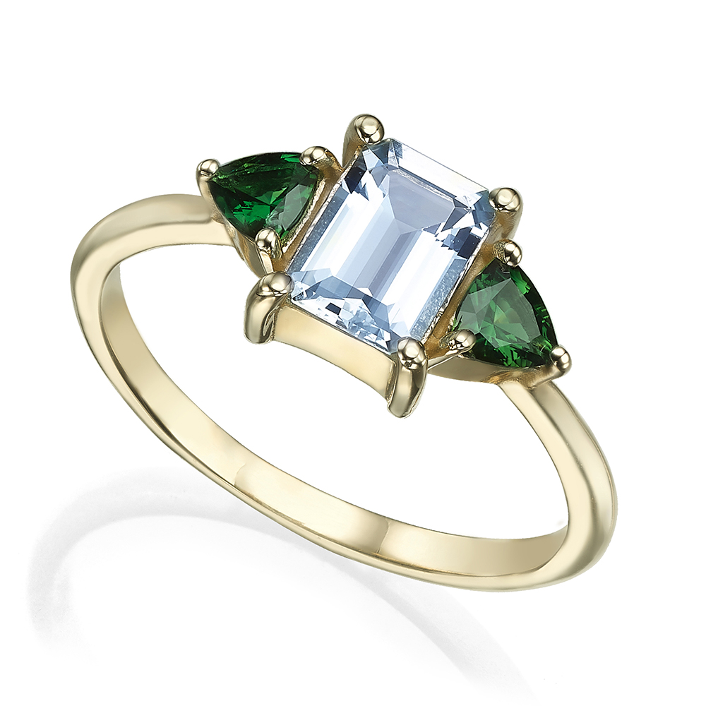 Emerald- cut aquamarine with 2 trillion- cut green tourmaline engagement Ring