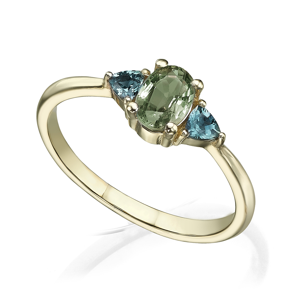 Oval green sapphire with 2 trillion- cut blue sapphire engagement ring