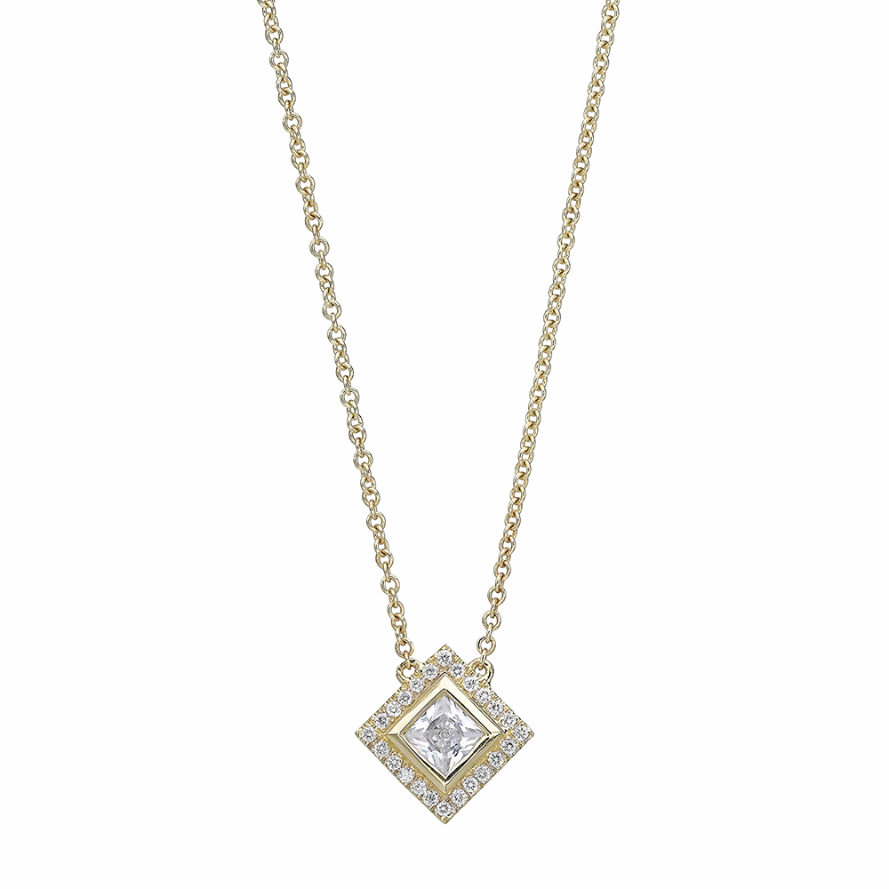 Princes cut diamond with diamond halo set in square gold pendant necklace